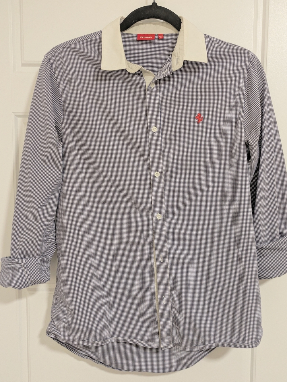 Ferrari Blue Gingham Button-Down Shirt with White Contrast Collar